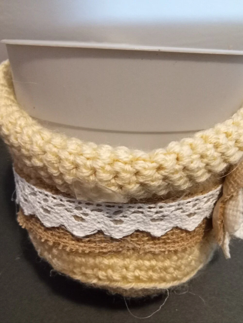 Hand Crocheted Neutral Tan Flower Pot with Decorative Burlap Trim